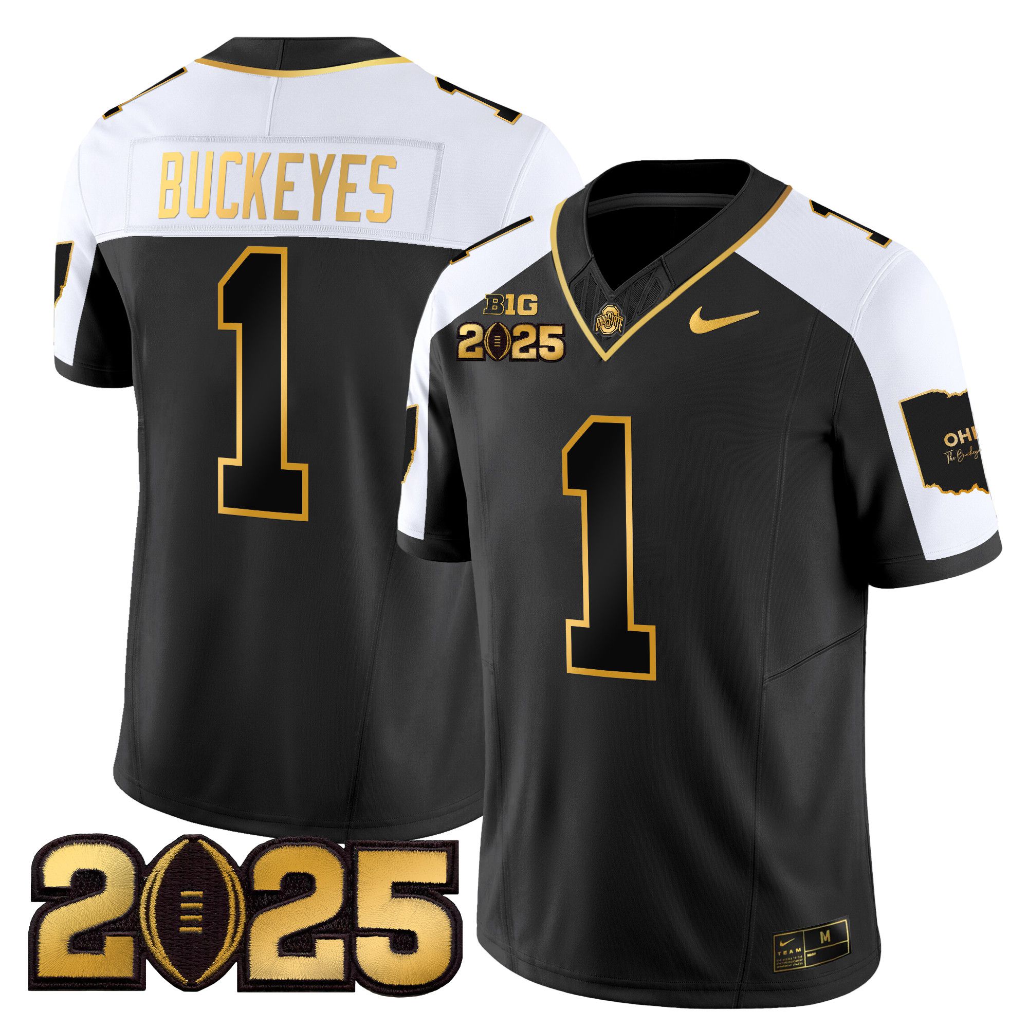 Men Ohio State Buckeyes 1 Buckeyes Black 2025 CFP Final Patch Gold Vapor Limited NCAA Jersey